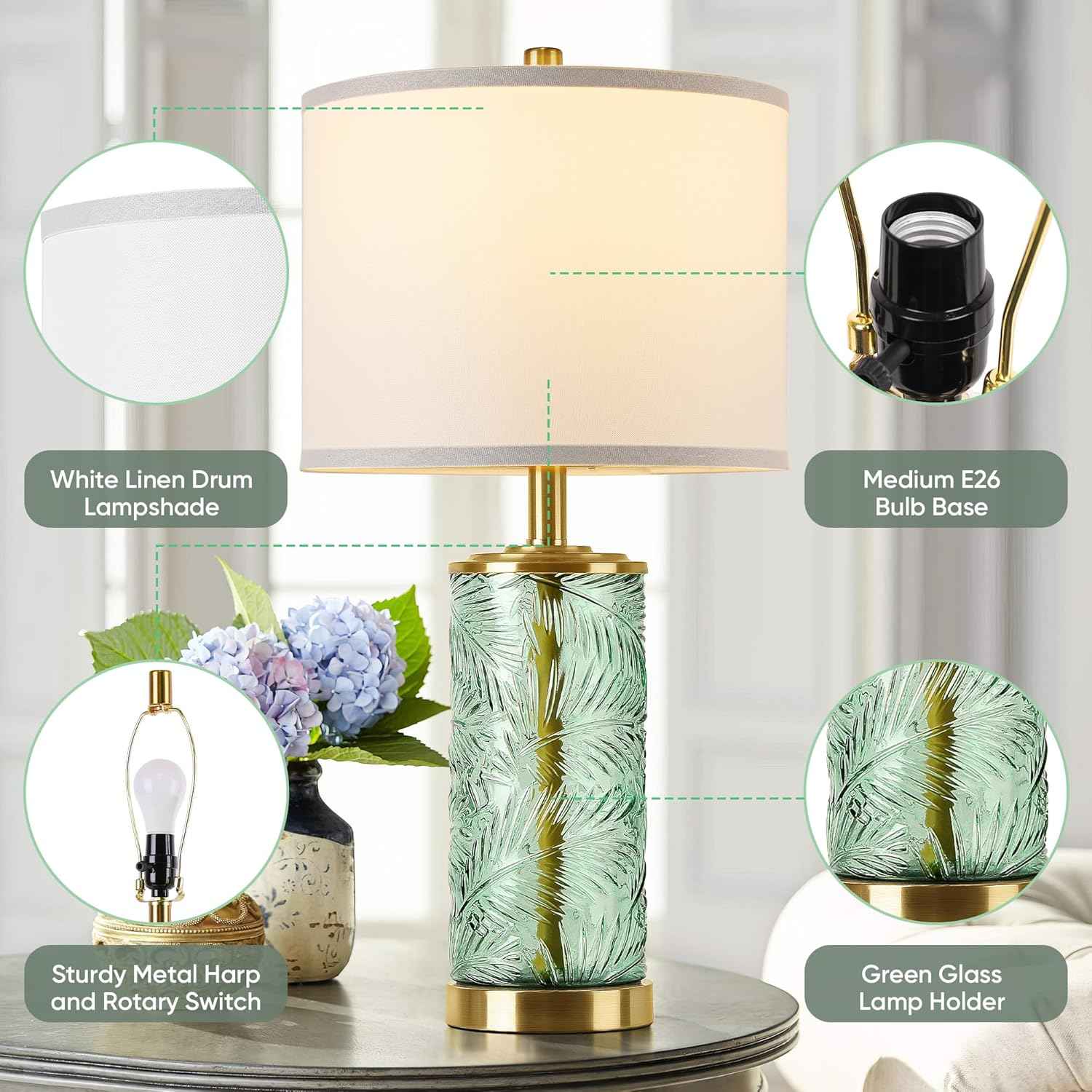 Modern Gold Glass Table Lamp Set of 2 with Palm Leaves Design - Stylish Bedside & Nightstand Lighting for Living Room & Bedroom (Bulbs Included)