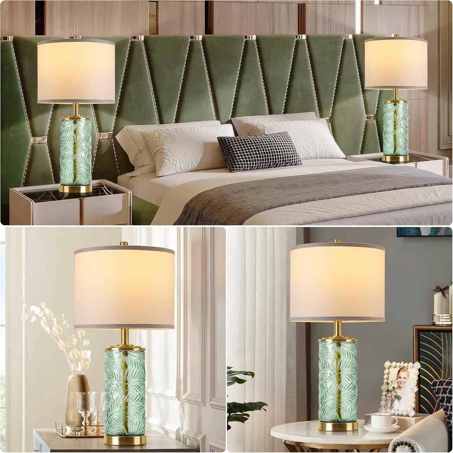 Modern Gold Glass Table Lamp Set of 2 with Palm Leaves Design - Stylish Bedside & Nightstand Lighting for Living Room & Bedroom (Bulbs Included)