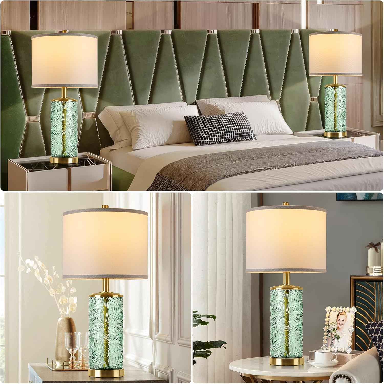 Modern Gold Glass Table Lamp Set of 2 with Palm Leaves Design - Stylish Bedside & Nightstand Lighting for Living Room & Bedroom (Bulbs Included)
