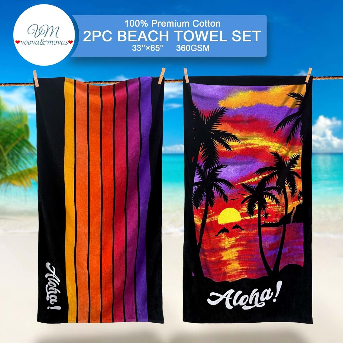 VOOVA & MOVAS Beach Towels - 100% Cotton, Soft & Absorbent | Lightweight 33" x 65" Pool Towels Set in Palm Sunset & Stripe