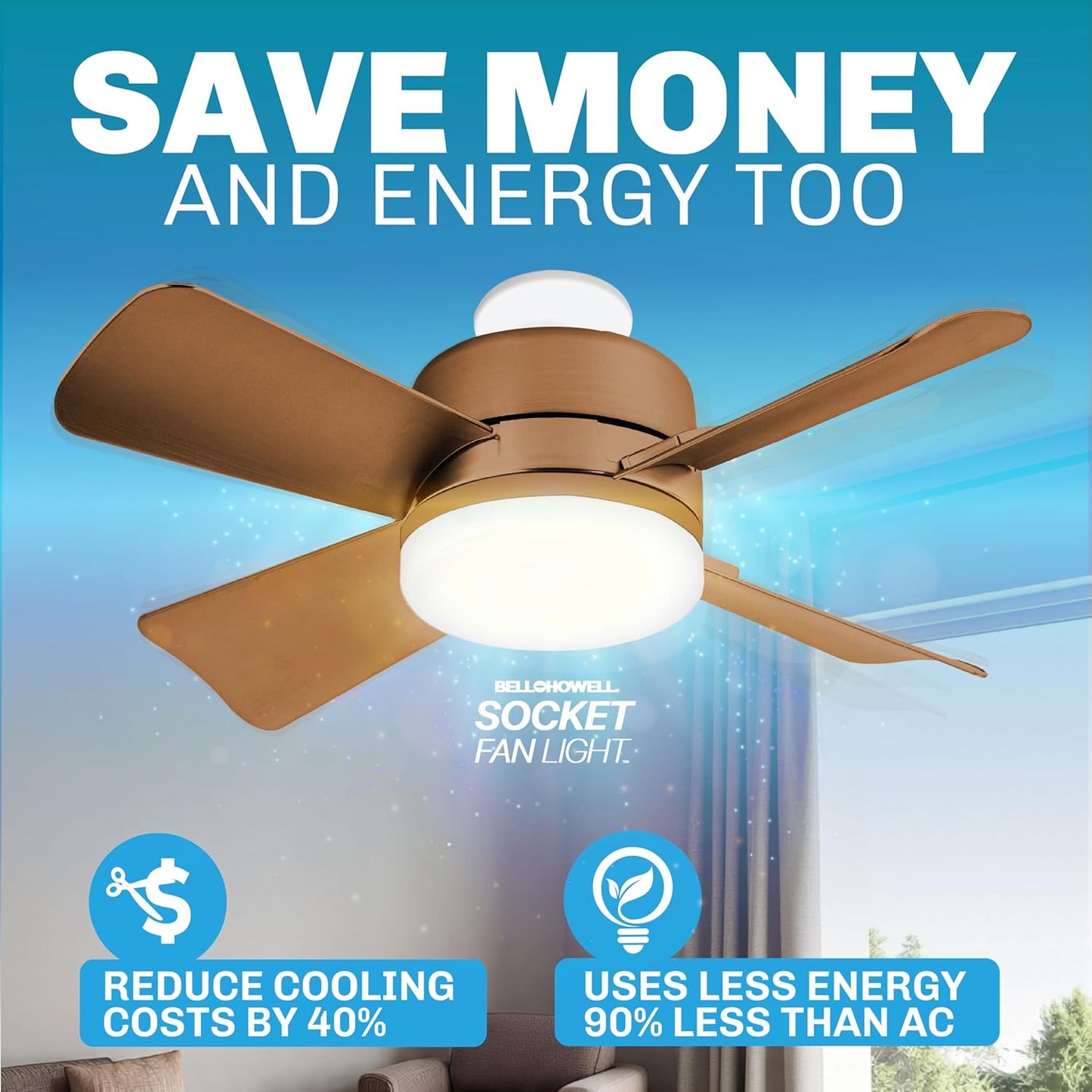 Socket Breeze Ceiling Fan with Light & Remote - Portable 3500K 1000 Lumens E26/E27