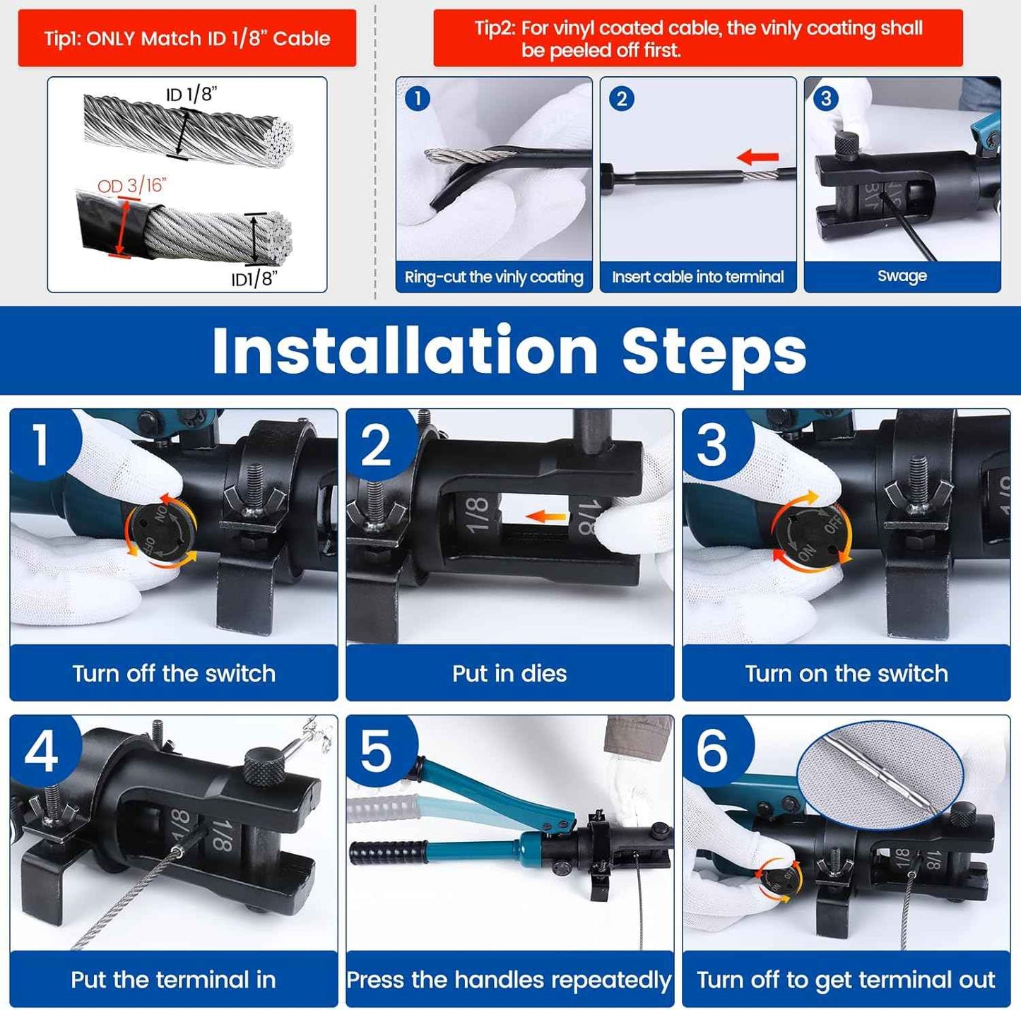 Hydraulic Crimping Tool for Stainless Steel Cable Railing - Muzata Custom Cable Swaging Kit with Wire Cutter (1/8", 5/32", 3/16")