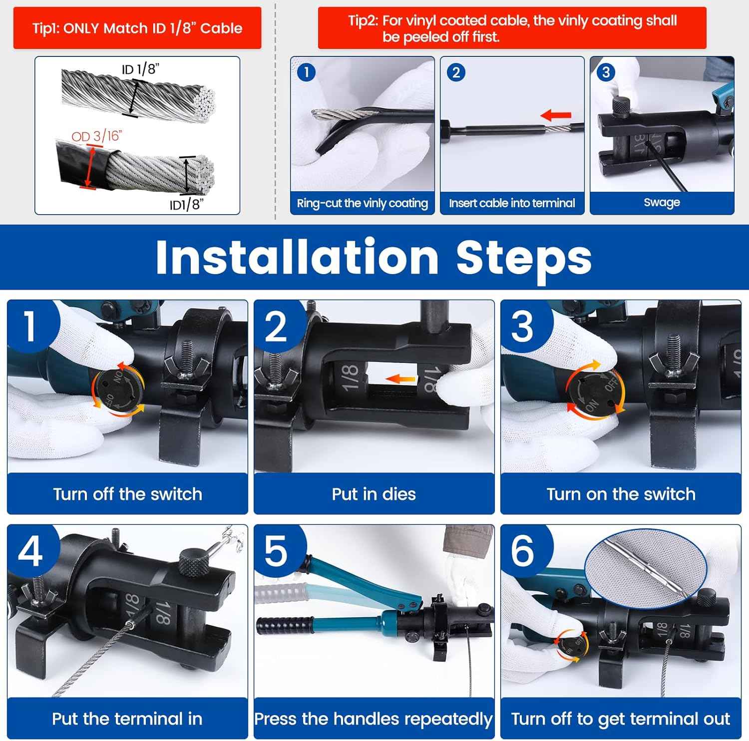 Hydraulic Crimping Tool for Stainless Steel Cable Railing - Muzata Custom Cable Swaging Kit with Wire Cutter (1/8", 5/32", 3/16")