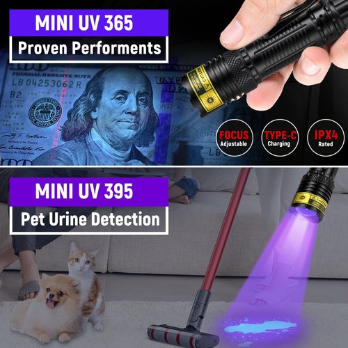DARKDAWN UV Flashlight 365&395nm Black Light Mini USB Rechargeable Ultraviolet LED Blacklight Woods Lamp Powerful Fluorescent Portable Detector for Pet Urine Stains, Money, Resin Curing(2 Pack)