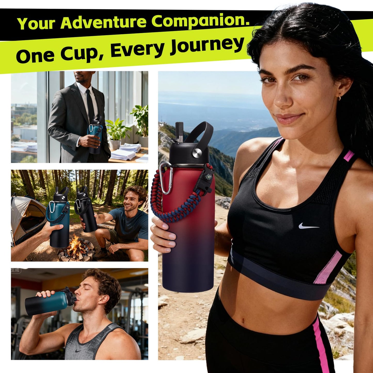 32oz 40oz 64oz Water Bottle - with Straw & Auto Spout Lids, Carrier Bag & Paracord Handle, Stainless Steel Water Bottles 32 OZ Thermal Flask for Sport Work Travel, Cold-48Hrs Hot-24Hrs