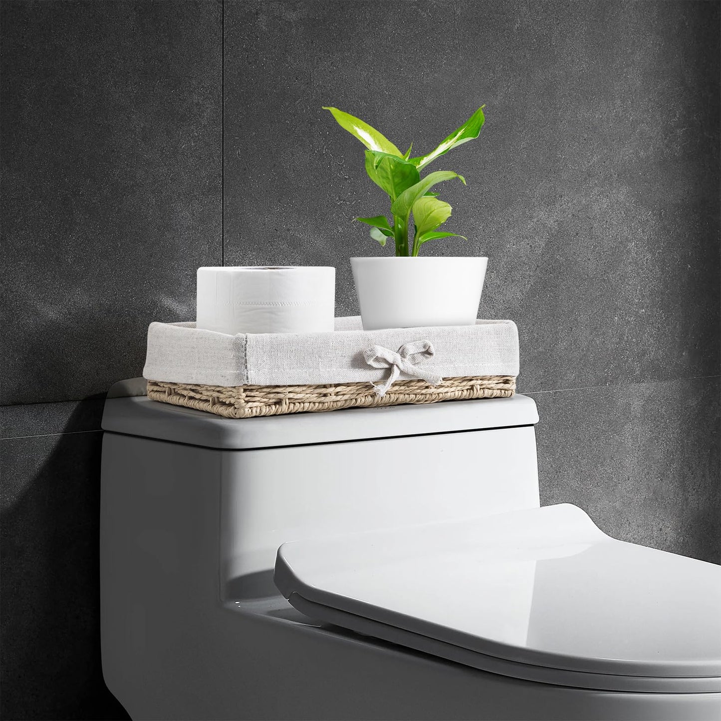 Bathroom Tray Wicker Toilet Paper Basket Toilet Tank Trays for Countertop Storage Behind Bathroom Tray Organizer Toilet Tank Top Basket Suitable for Any Home Décor Style (9.8x5.9x2.36 in, Beige)