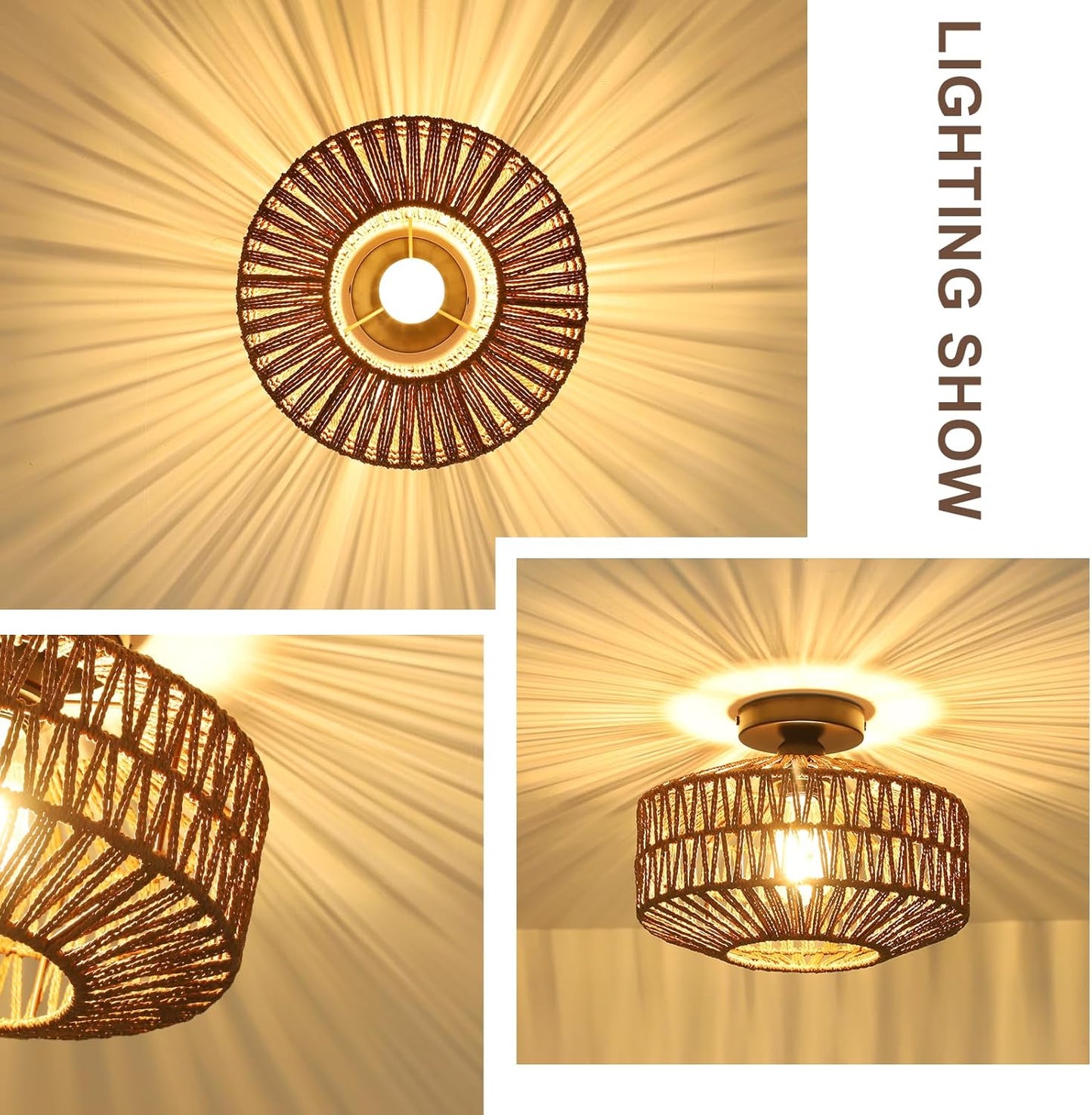 Boho Rattan Chandelier Ceiling Light Fixture with Dimmable LED Bulb - Hand Woven Flush Mount for Hallway, Bedroom, Kitchen & Living Room
