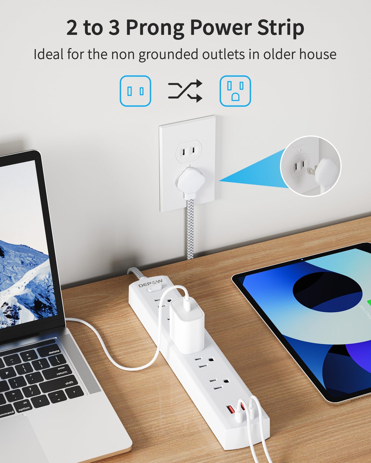 DEPOW 2 Prong Power Strip, 2 to 3 Prong Outlet Adapter with 5 AC & 4 USB Ports (2 USB C), 5FT Braided Cord, 1700J Two Prong Surge Protector, Wall Mountable, Ideal for Old House Non-Grounded Outlets