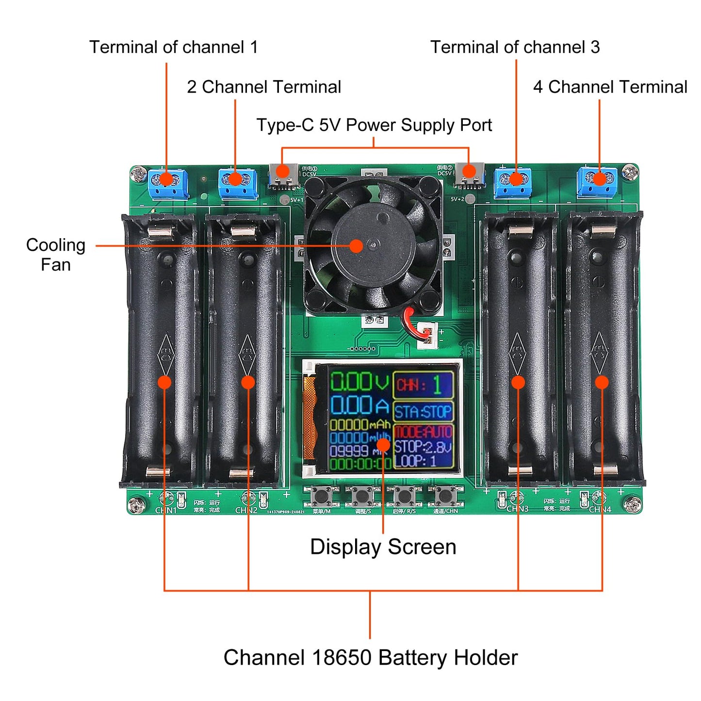 DWEII 1pcs 18650 Lithium Battery Capacity Tester Module MAh MWh Digital Battery Power Detector Module 18650 Tester Type-C (4 Channel)
