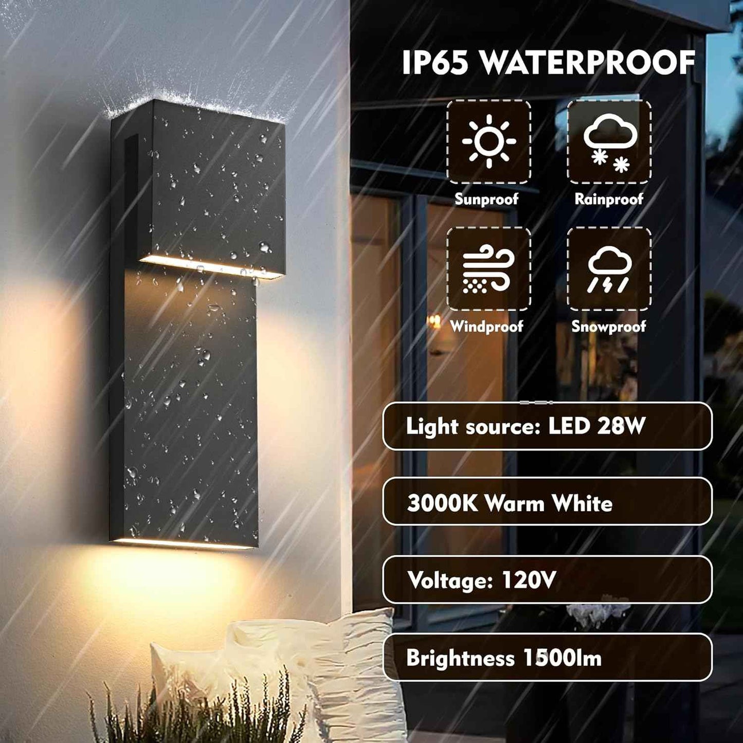LED Outdoor Wall Sconce 3000K - Waterproof 18W Black Porch Light Fixture for Garage & Balcony
