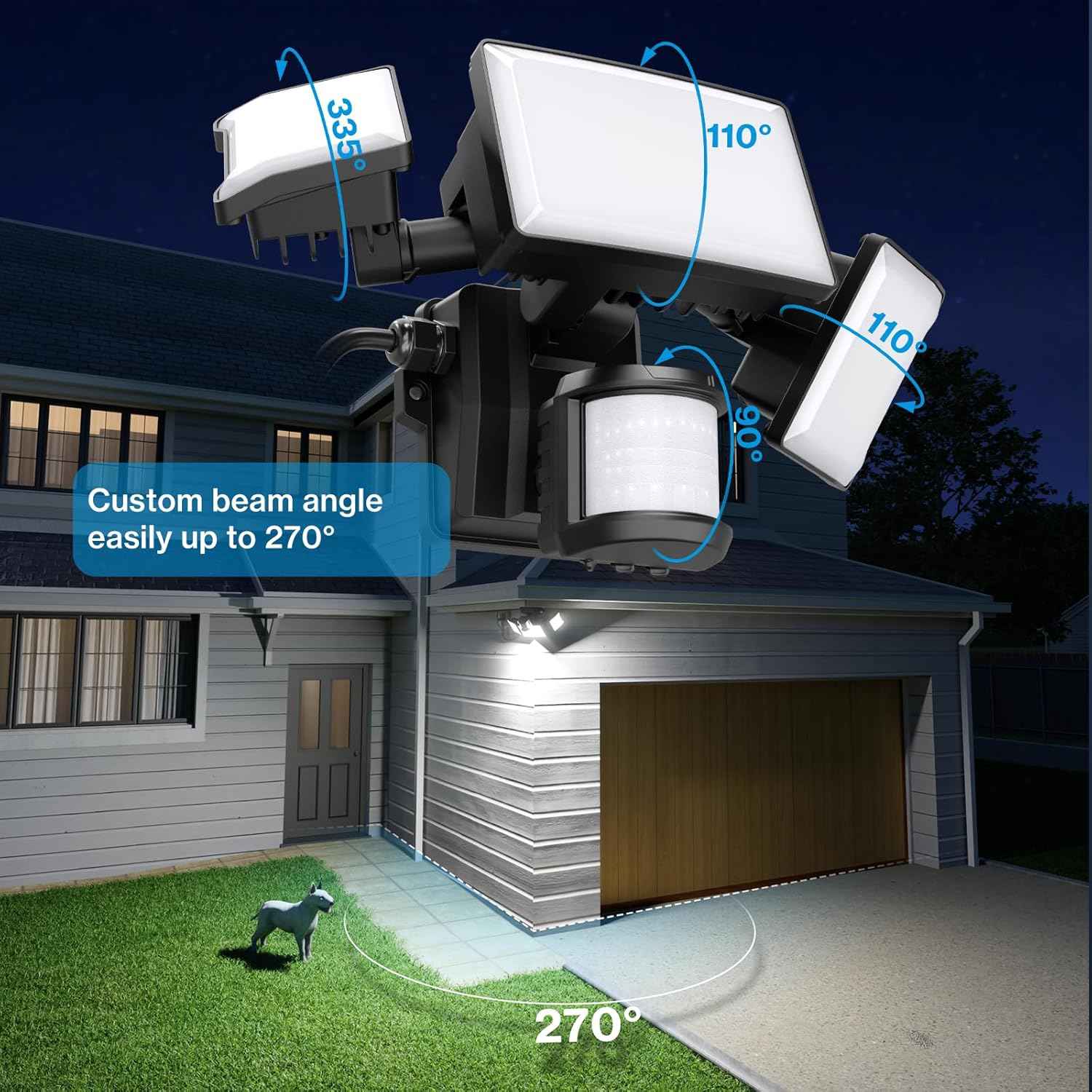 75W Motion Sensor Outdoor Flood Lights - 3 Heads, 7500LM LED Security Lighting, IP65, 6500K for Garage, Yard & Patio (2 Pack)