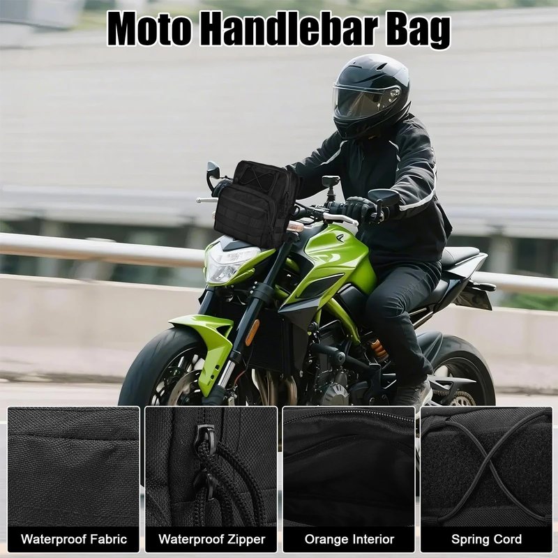 WODHMIEY Handlebar T - Bar Bag Handle Bags,Motorcycle Handle Bar Bag,3L Motorcycle Front Fork Bag with Orange Lining for Handlebar, Windshield, Tail Rack or Side Rack