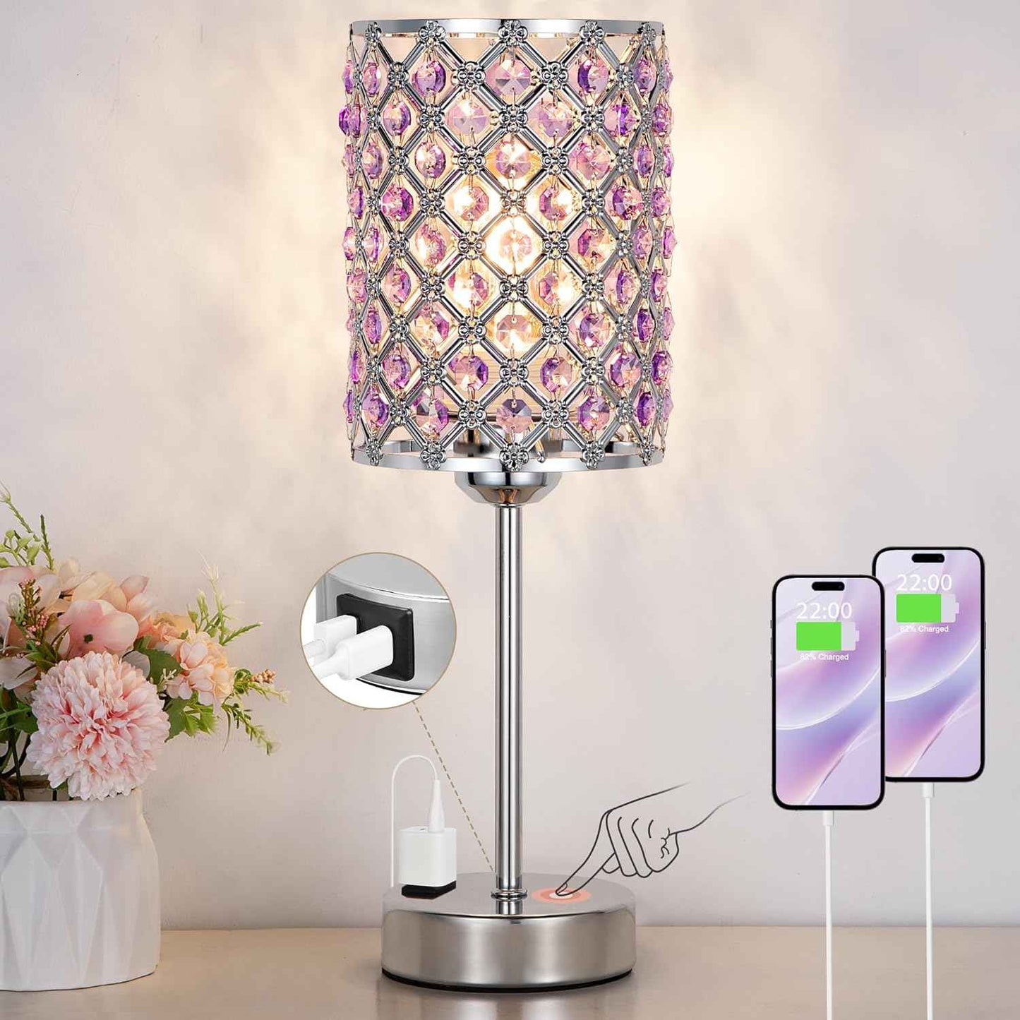 Dimmable Touch Control Crystal Table Lamp Set of 2 with USB-C & AC Ports - Elegant Nightstand Lighting for Bedroom & Living Room