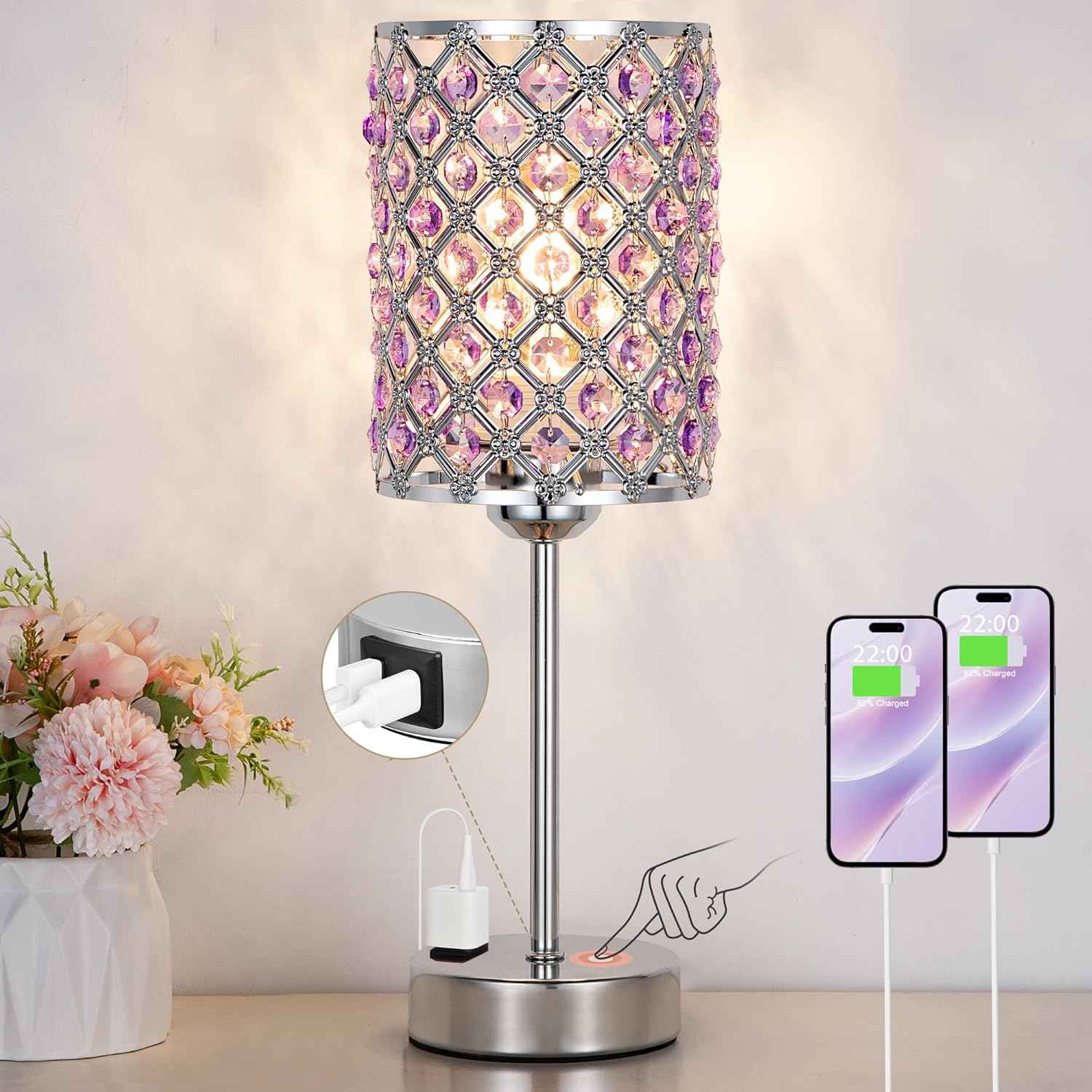 Dimmable Touch Control Crystal Table Lamp Set of 2 with USB-C & AC Ports - Elegant Nightstand Lighting for Bedroom & Living Room