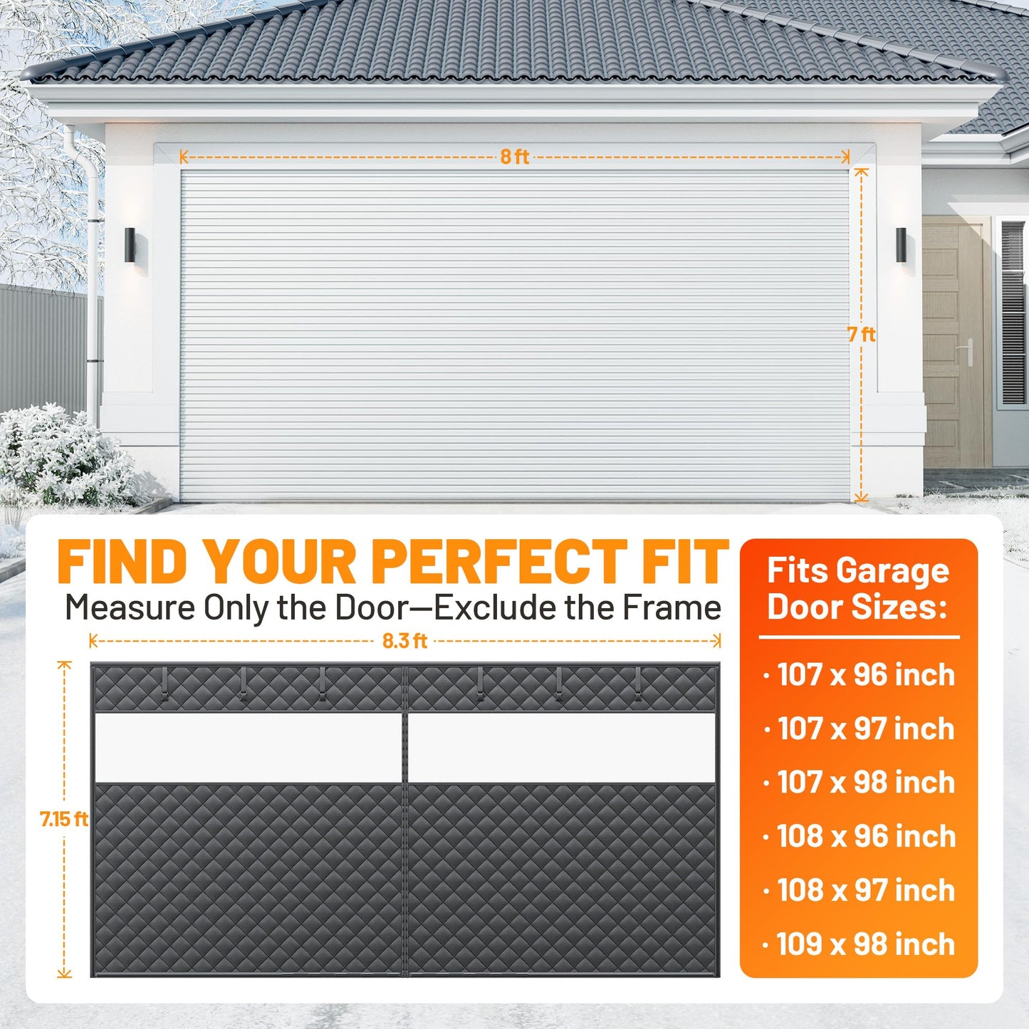 Car Garage Door Insulation Kit Fits 8x7 FT - Magnetic Thermal Insulated Door Curtains for Winter with Clear Window, Garage Door Cover Blanket Panels Screen for 1 Car Garages- Black