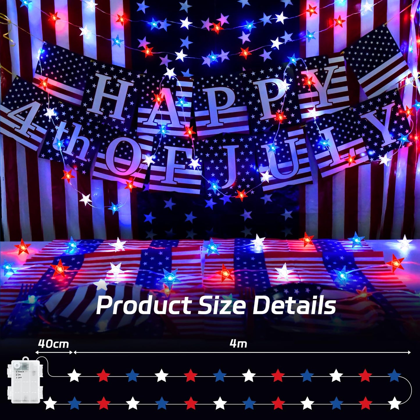 cshare 4th of July Lights Battery Operated, Red White and Blue Lights with Timer Outdoor Waterproof, 13ft 40LED Patriotic Star String Lights for Memorial Day Presidents Day Independence Day