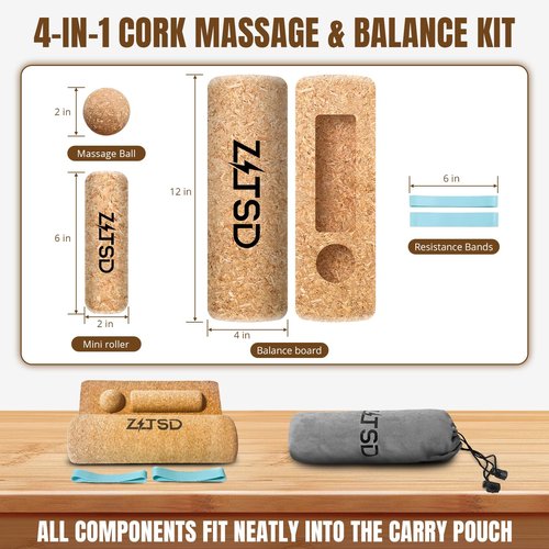 ZITSD Natural Cork Balance Board Kit, 4-in-1 Foot & Ankle Strengthener – 2 Half-Cylinder Boards, Massage Roller & Ball, Toe Resistance Bands, Carry Bag & Guide for Mobility & Physical Therapy