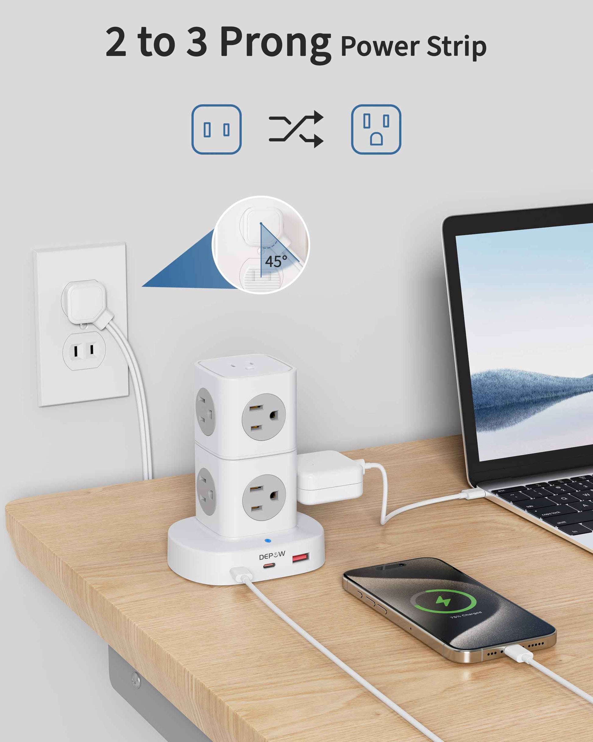DEPOW 2 Prong Power Strip, 2 to 3 Prong Outlet Adapter with 9 Outlets 3 USB Ports (2 USB C), 1700J Two Prong Surge Protector, 5FT Extension Cord, Wall Mount for Old House Non-Grounded Outlets