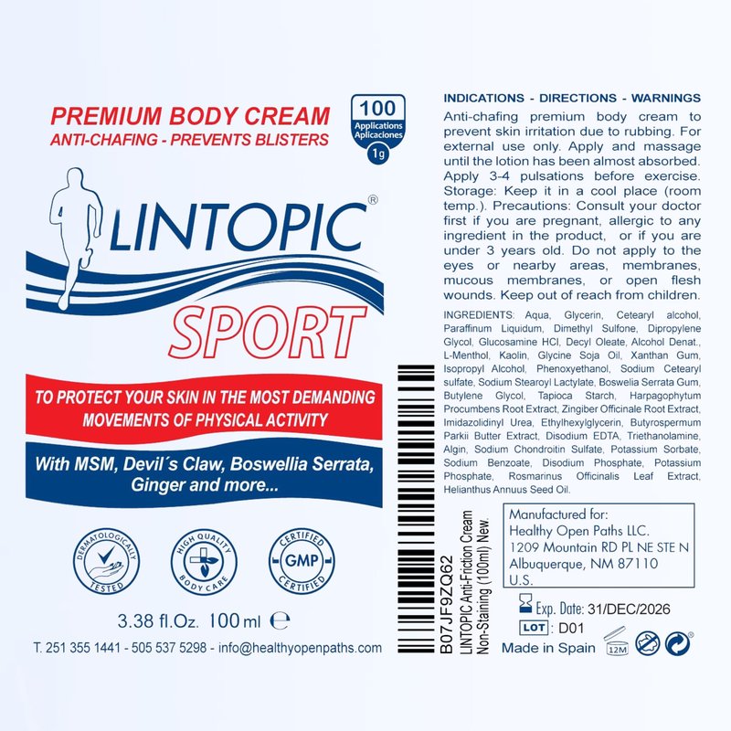 LINTOPIC Anti-Friction Cream – Prevents Chafing & Skin Irritation | Non-Staining, Fast-Absorbing Formula | Ideal for Athletes, Running, Cycling & Daily Protection (100ml)