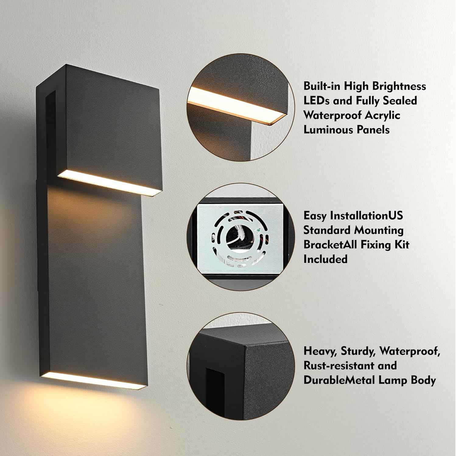 LED Outdoor Wall Sconce 3000K - Waterproof 18W Black Porch Light Fixture for Garage & Balcony