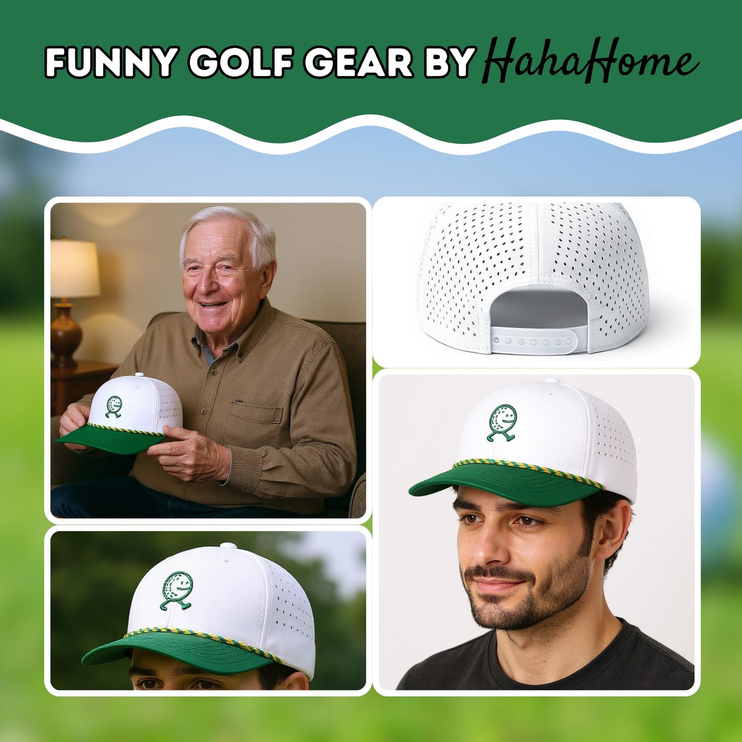 HahaHome Funny Golf Hat, Walking Golf Ball Rope Hat - Fun Golf Hat with White & Green Snapback Golf Cap - Embroidered Logo, Breathable Perforated Sides, Water Resistant Coating, Adjustable Fit