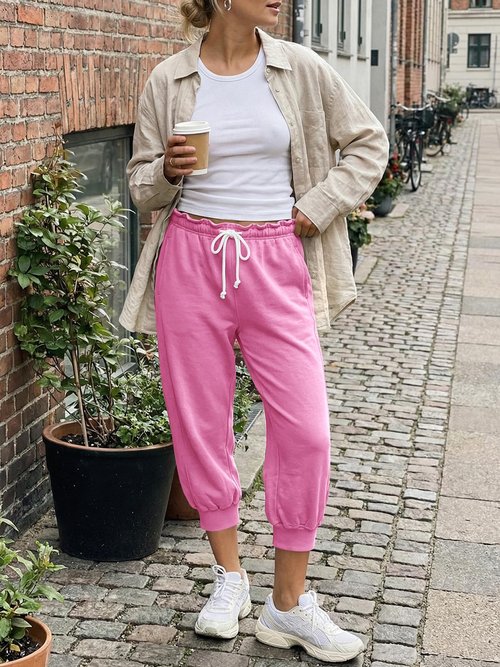 Fisoew Women's Capri Joggers 2026 Trendy Peplum Drawstring Waist Sweatpants with Pockets Pink