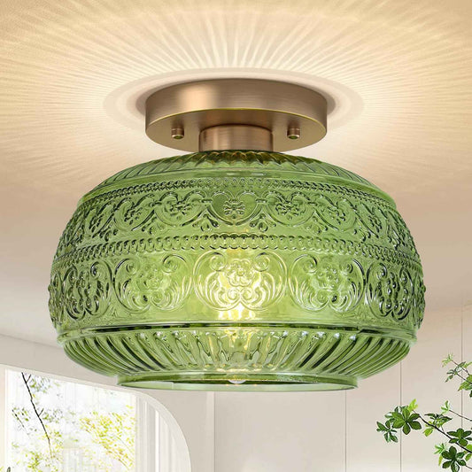 Modern Semi Flush Mount Ceiling Light Fixture with Green Glass & Gold Finish - Stylish Indoor Lighting for Kitchen, Hallway, Bedroom