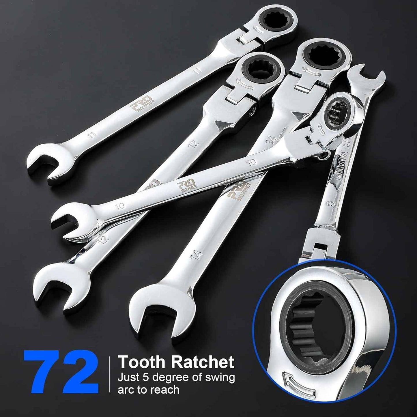 14-Piece Metric Ratcheting Wrench Set - Flex-Head, 72 Tooth, Cr-V Steel with Storage Case (6-19mm)