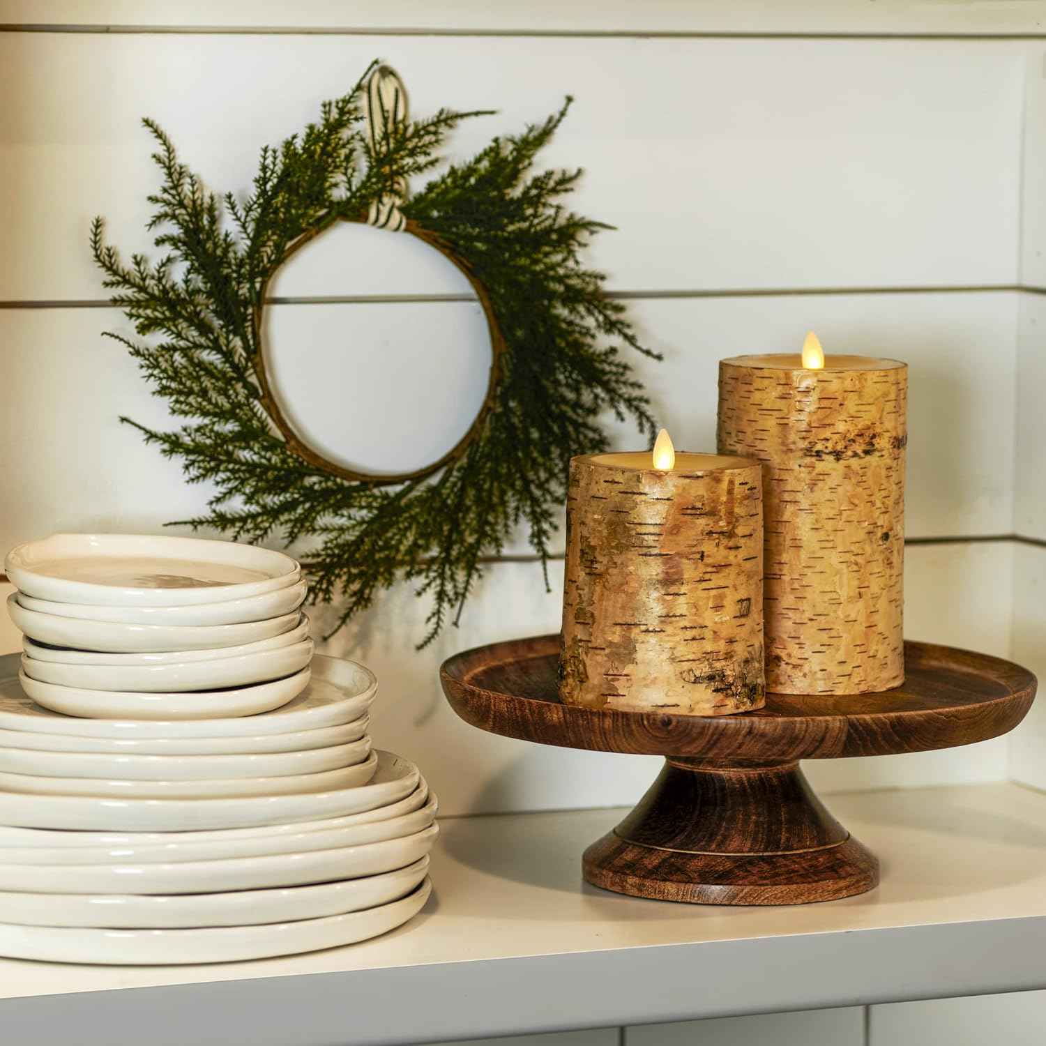 Realistic Moving Flame LED Pillar Candle with Birch Bark - Battery Operated, Remote Ready, 4x7