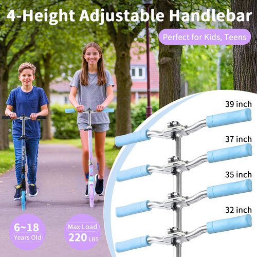 BELEEV V5 Plus Scooters for Kids Ages 6+, Teens with Light-Up Wheels & Deck, 2 Wheel Folding Lightweight Sport Scooter with 4 Adjustable Height, 8-inch Big Wheels, Carry Strap (Blue Purple)