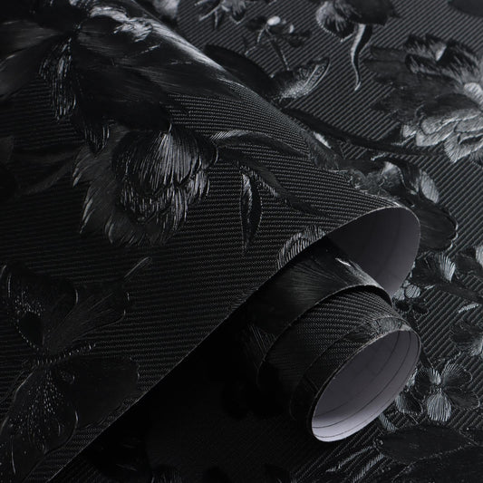 lenify Black Peel and Stick Wallpaper Black Floral Wallpaper 15.7inch x 118.1inch Vintage Embossed Textured Contact Paper Embossed Self Adhesive Wall Paper for Cabinets Pure Flower Removable Vinyl