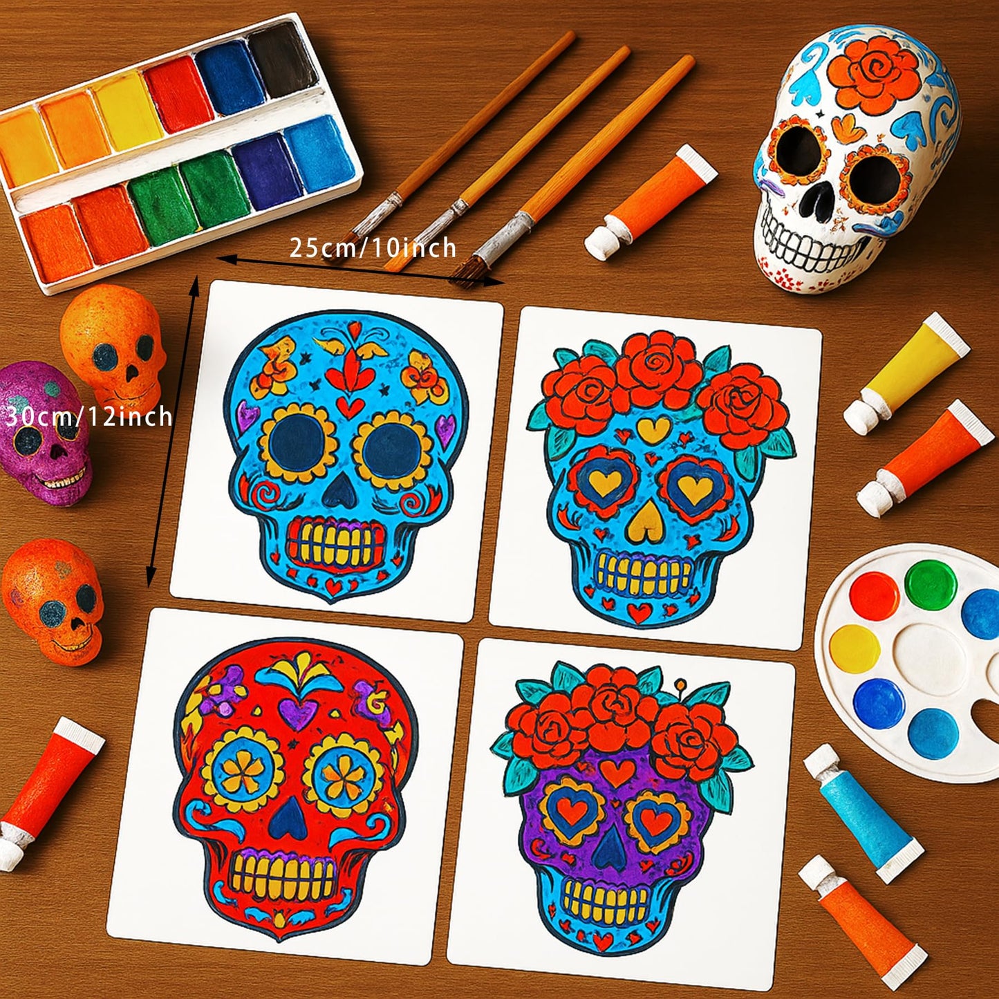 4pcs 12inch Sugar Skull Stencil Large Day of The Dead Painting Template Flower Pattern Skull Stencil Decoration for Holiday Halloween DIY Craft Wood Painting