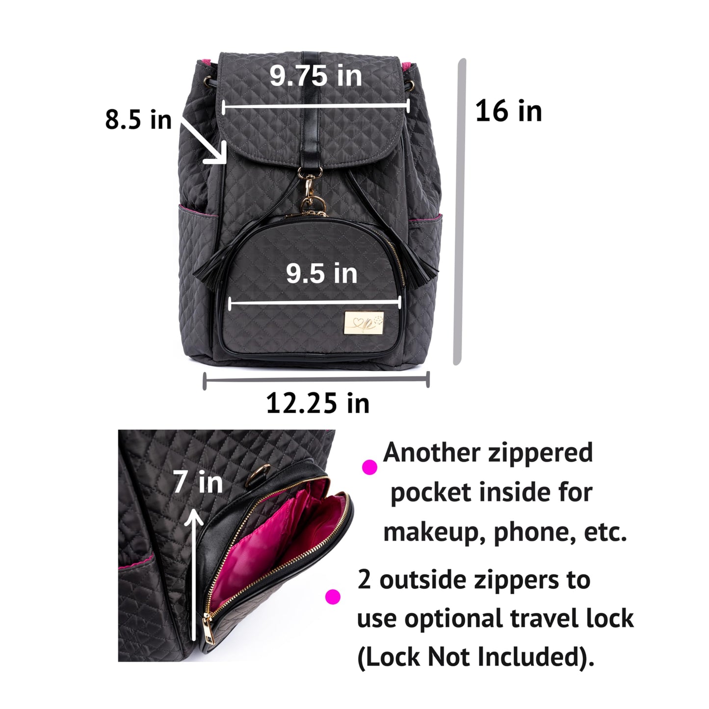 Genie Designer Quilted Pickleball Bag for Women - Luxury Court to Office Backpack - Fits 2 Paddles & 15.8” Laptop - Padded Professional Travel Backpack with Shoe Compartment - Grey Black