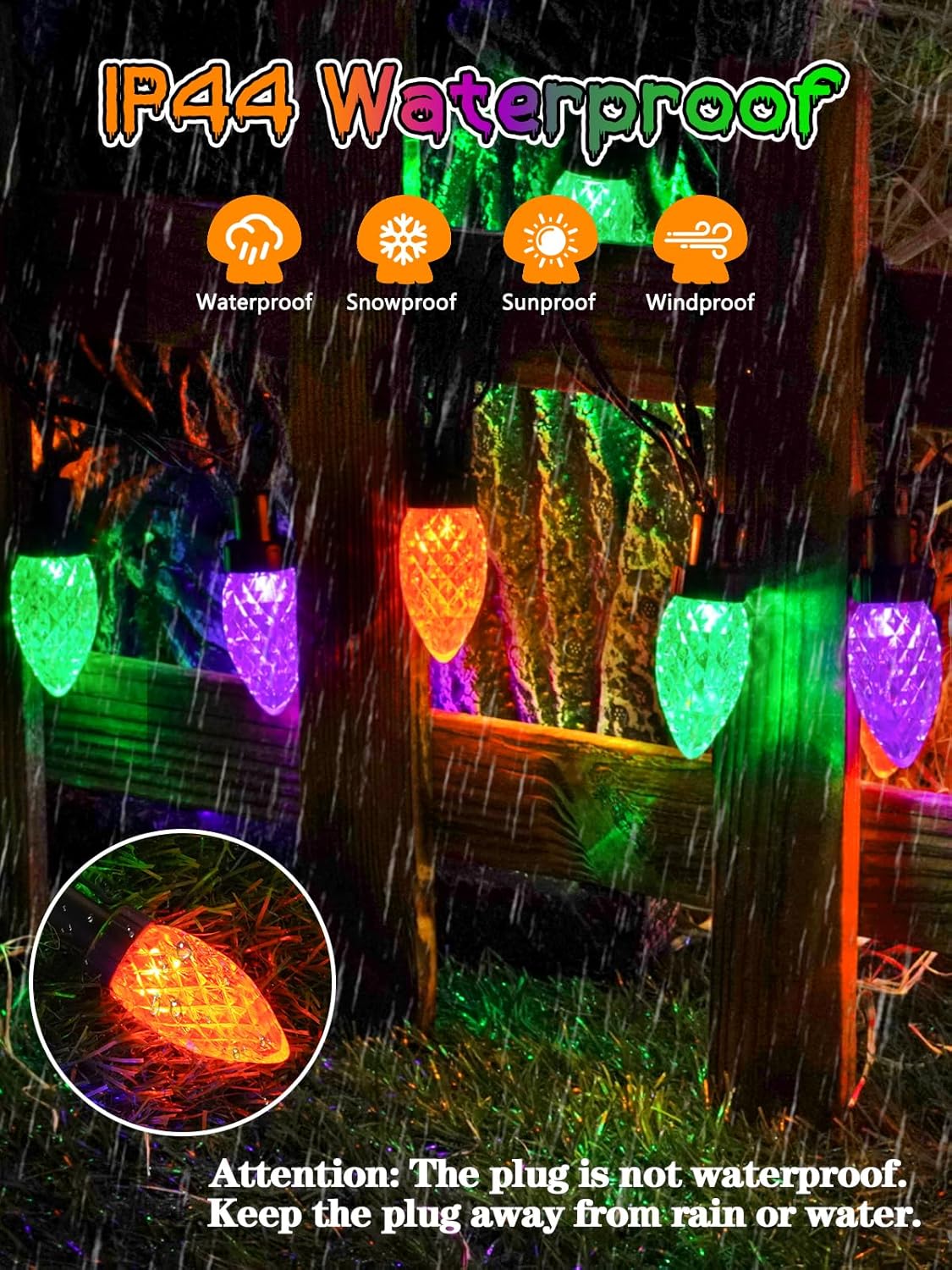 100 LED C9 Halloween String Lights - 66FT Waterproof Twinkle Lights with 8 Modes & Timer for Indoor/Outdoor Decor (Orange, Purple, Green) - 2-Pack