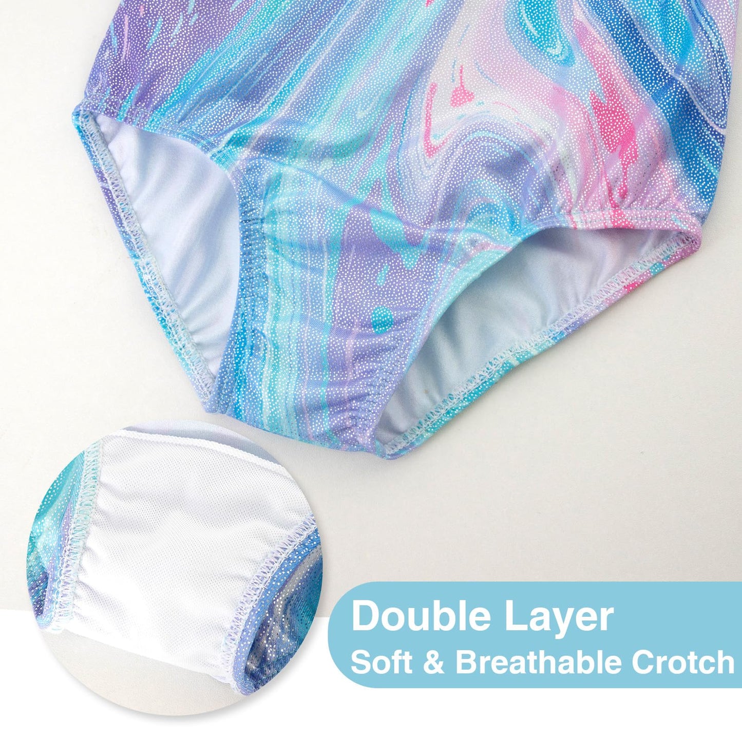 HOZIY Gymnastics Leotards for Girls Marble Blue Sleeveless Sparkle Unitard Tumbling Outfits with Shorts Scrunchie 3 Piece Activewear Sports Size 6-7