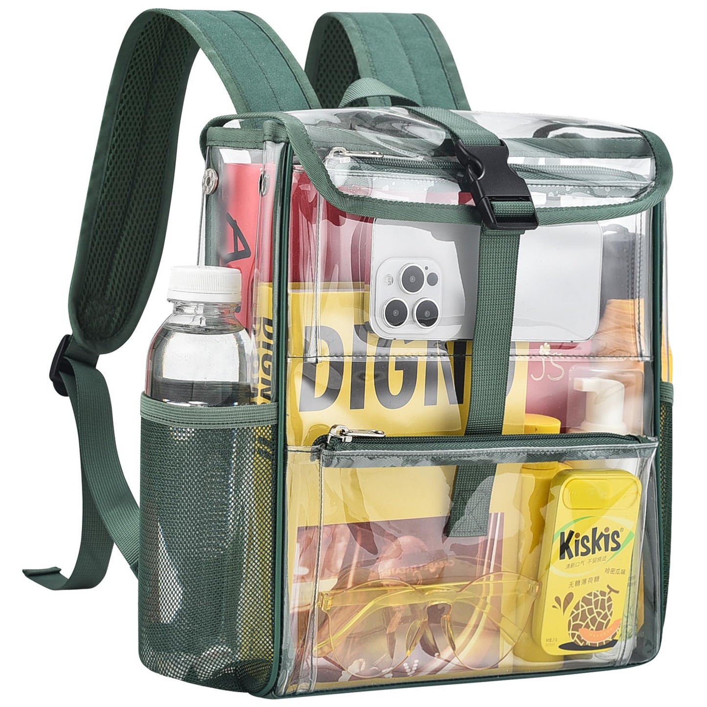Mildbeer Green Clear Stadium Backpack for Sports Events & Concerts - Compact PVC Flap Backpack with Multi-Pocket Design