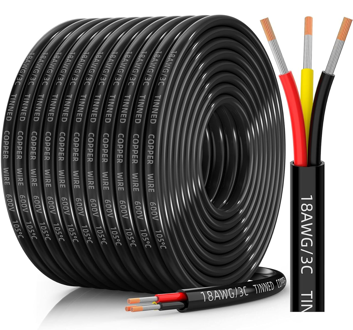 16 AWG Tinned Copper 3-Conductor Electrical Wire - Waterproof PVC Cable for Automotive, Marine & Solar (100FT)
