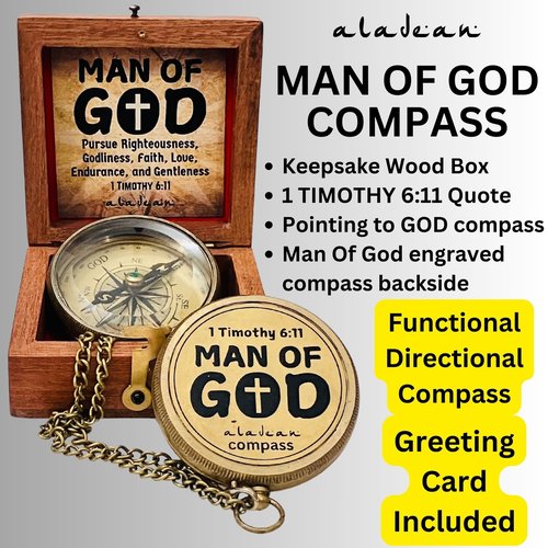Man of God Engraved Compass - 1 Timothy 6:11 Inspirational Religious Gifts for Men Catholic Christian Gifts Teenage Boys Girls Baptism Communion Graduation Gifts (Man of God)
