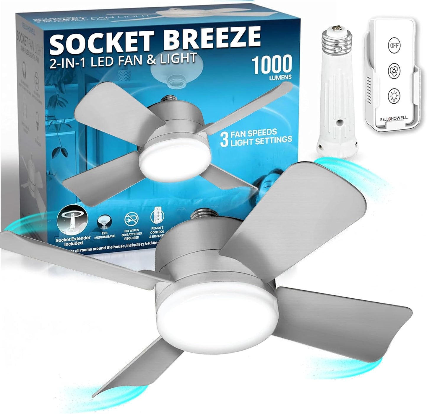 Socket Breeze Ceiling Fan with Light & Remote - Portable 3500K 1000 Lumens E26/E27