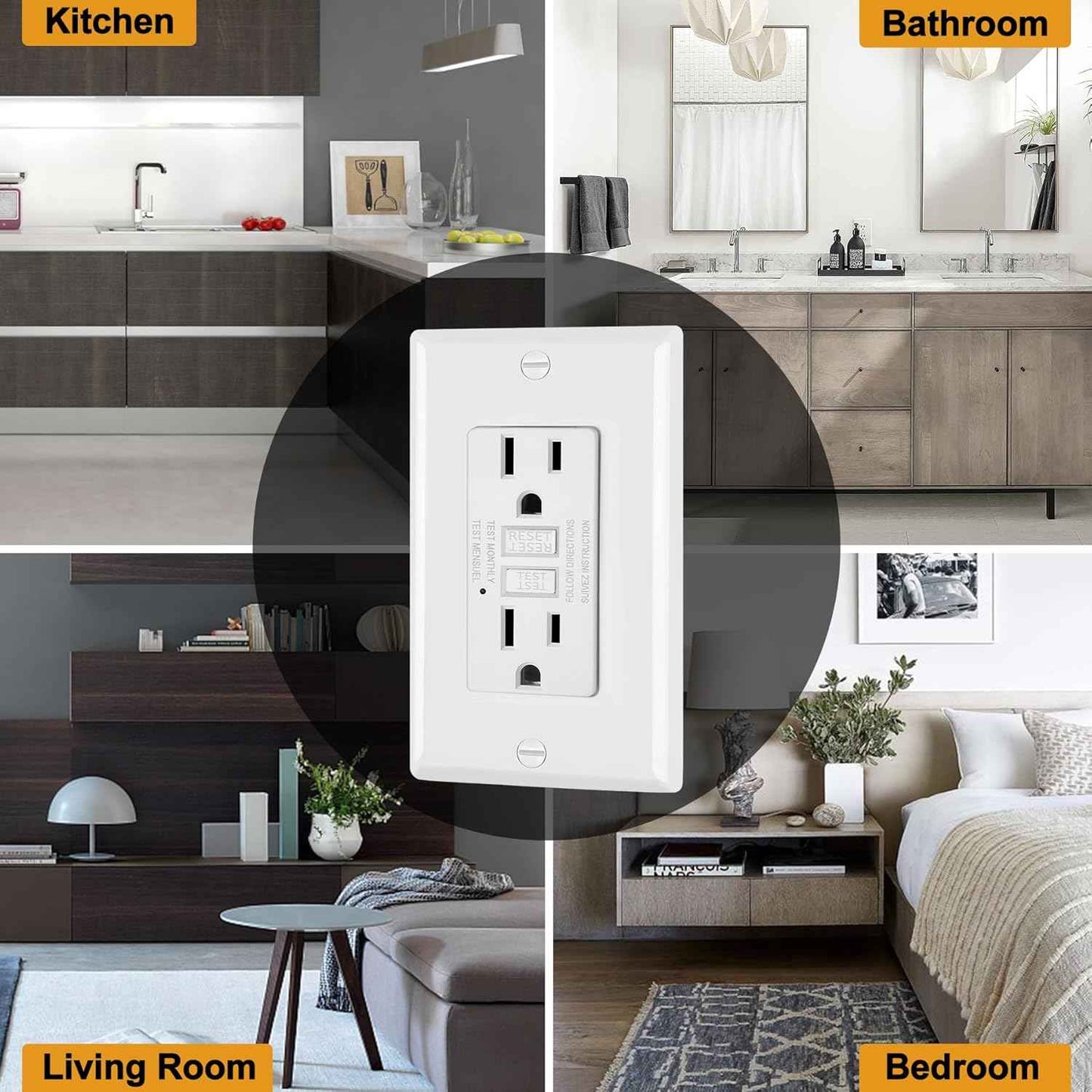 GFCI Outlets 10 Pack - 15 Amp Decor Receptacles with LED Indicator & Wallplate