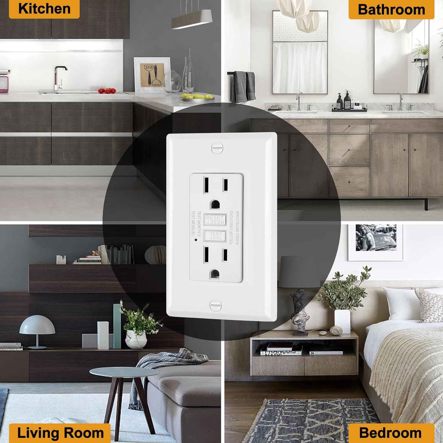 GFCI Outlets 10 Pack - 15 Amp Decor Receptacles with LED Indicator & Wallplate