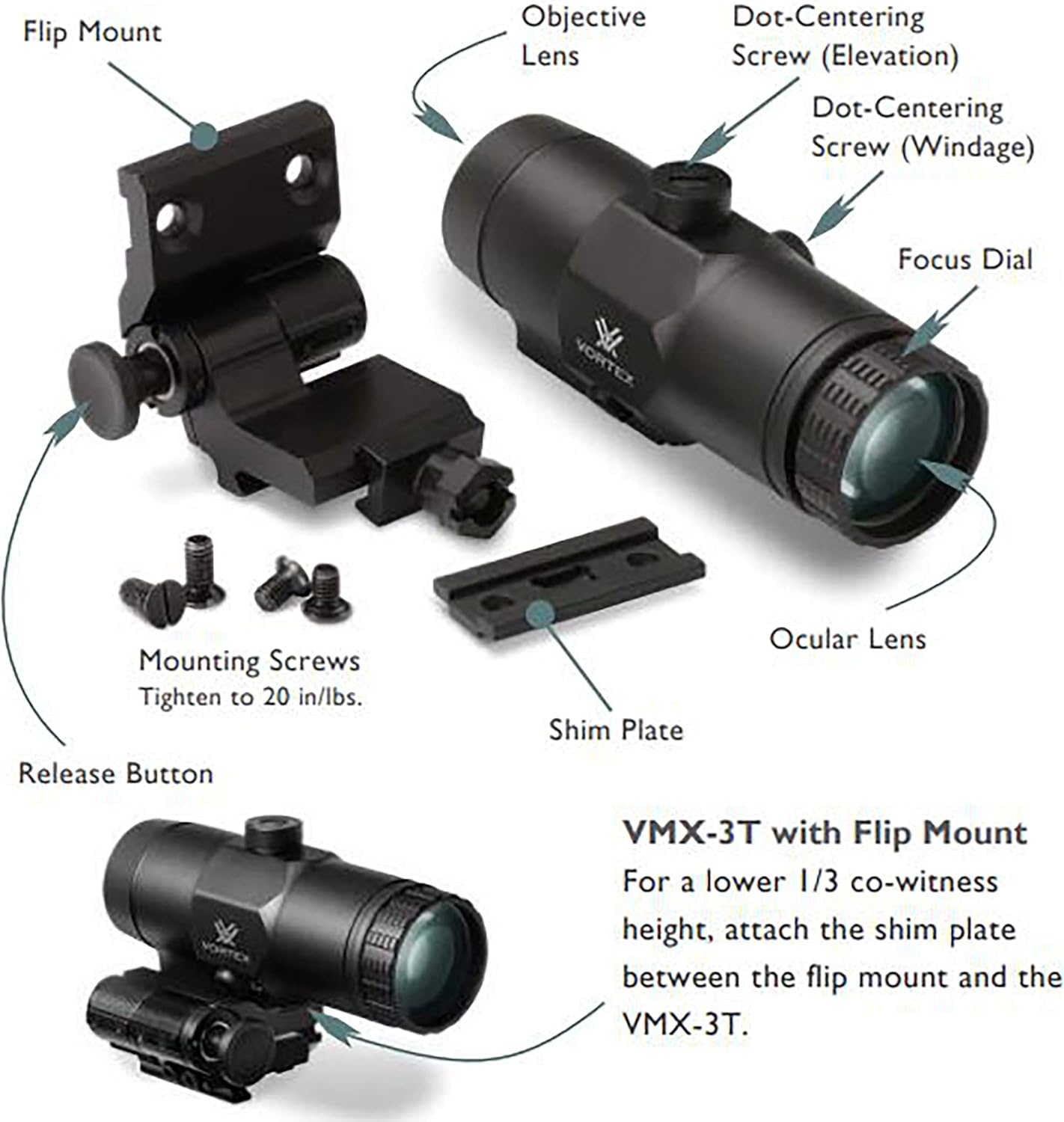 Vortex Optics VMX-3T Red Dot Sight Magnifier - 3X Magnification with Built-in Flip Mount