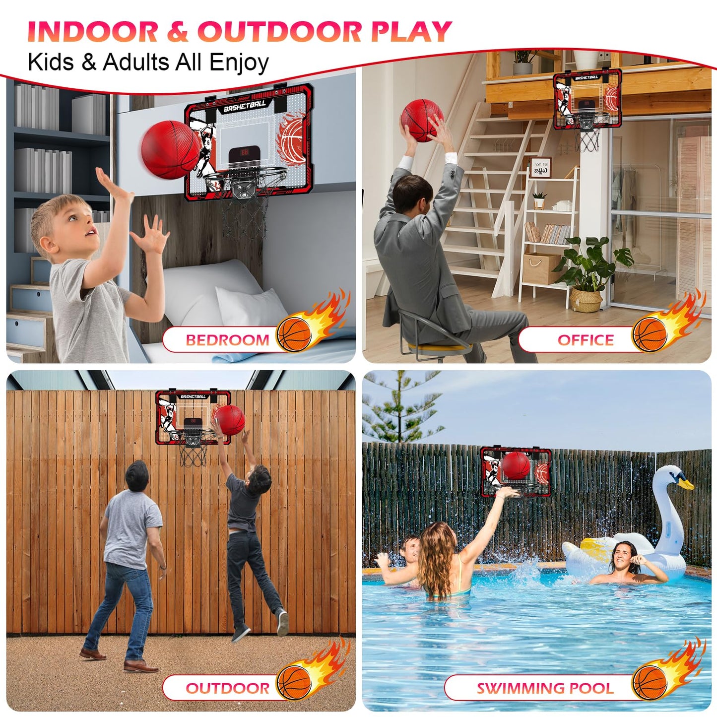TALGIC Basketball Hoop Indoor, Over The Door Basketball Hoops with LED Lighting, Mini Hoop with Electronic Scoreboard, 4 Balls & Pump, Basketball Gifts for 5 6 7 8 9 10 11 12 Year Old Boys Girls