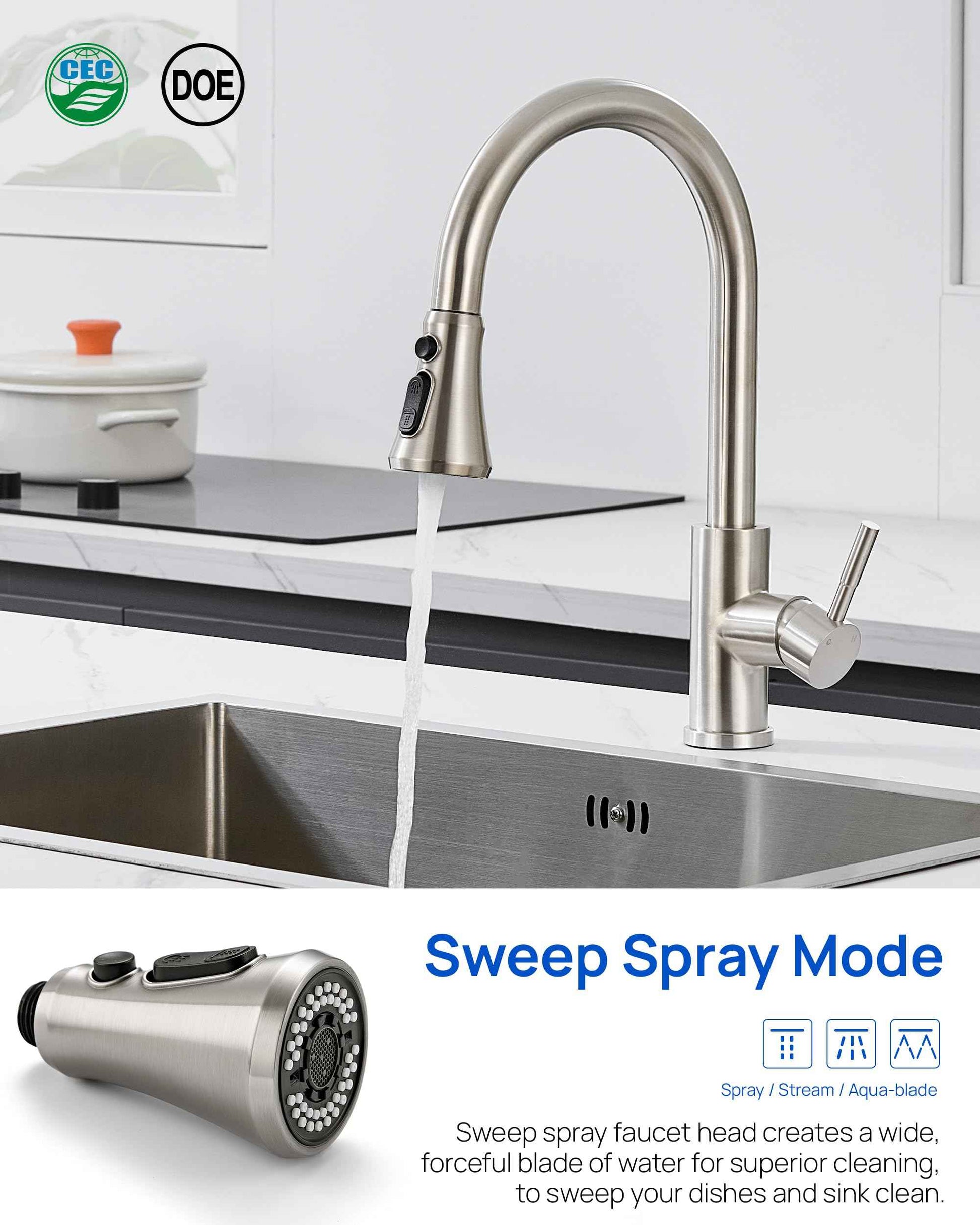 J-HVA Kitchen Faucet Head, Pull Down Kitchen Sink Sprayer Head Replacement for Kitchen Faucet, 3 Functions High Pressure Sink Spray Nozzle, Spray Head with 15 Adapters, Brushed Nickel