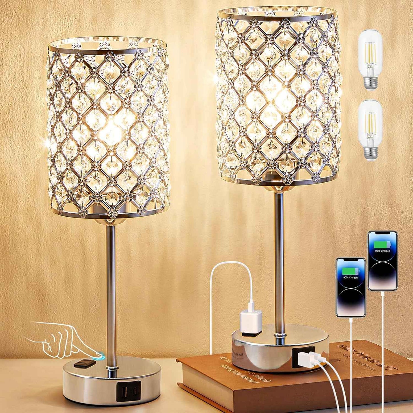 Dimmable Touch Control Crystal Table Lamp Set of 2 with USB-C & AC Ports - Elegant Nightstand Lighting for Bedroom & Living Room