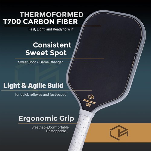 Praltix Durable T700 Carbon Fiber Pickleball Paddle - USAPA Standard, Reinforced Core Anti-Slip Grip, High Stability for Indoor and Outdoor Intermediate and Advanced Players