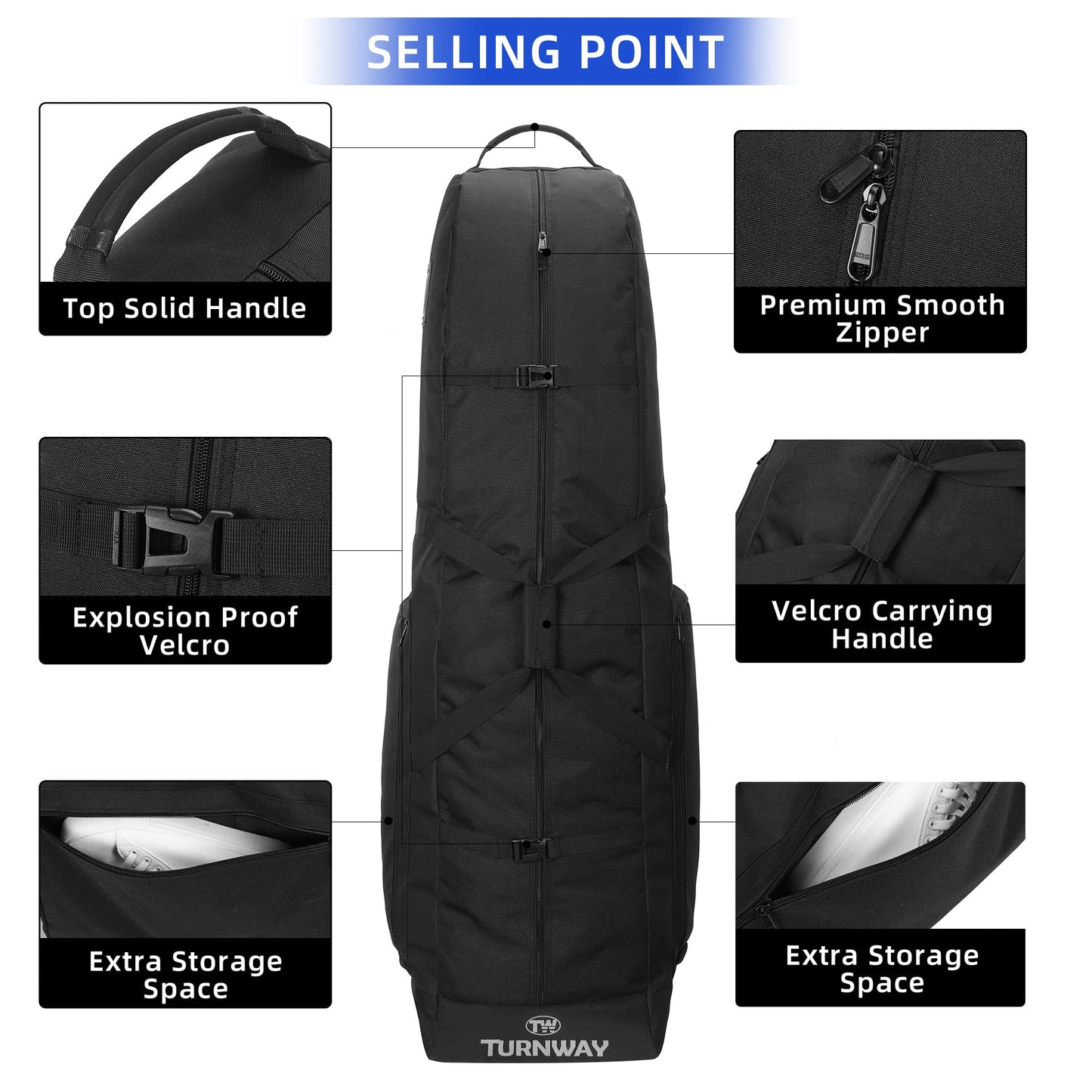 TurnWay Foldable Padded Golf Travel Bag, Heavy Duty 900D Polyester Waterproof Bag Cart Bag with Wheels, Soft-Sided Spacial Size for Golf Gear Transportation(Black)