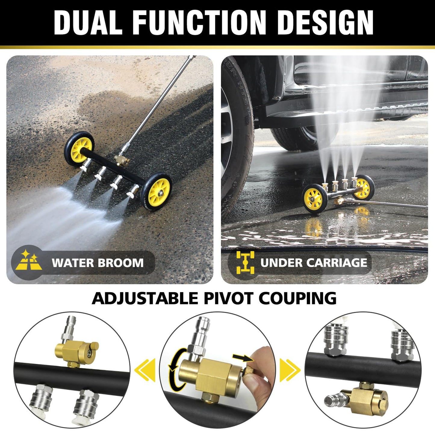 JANZ 16'' Pressure Washer Undercarriage Cleaner and Water Broom Attachment with Foam Cannon, 3 Pcs Extension Wands and 16 Nozzles - 4000PSI, 1/4'' Connector - for Electric and Gas Power Washers