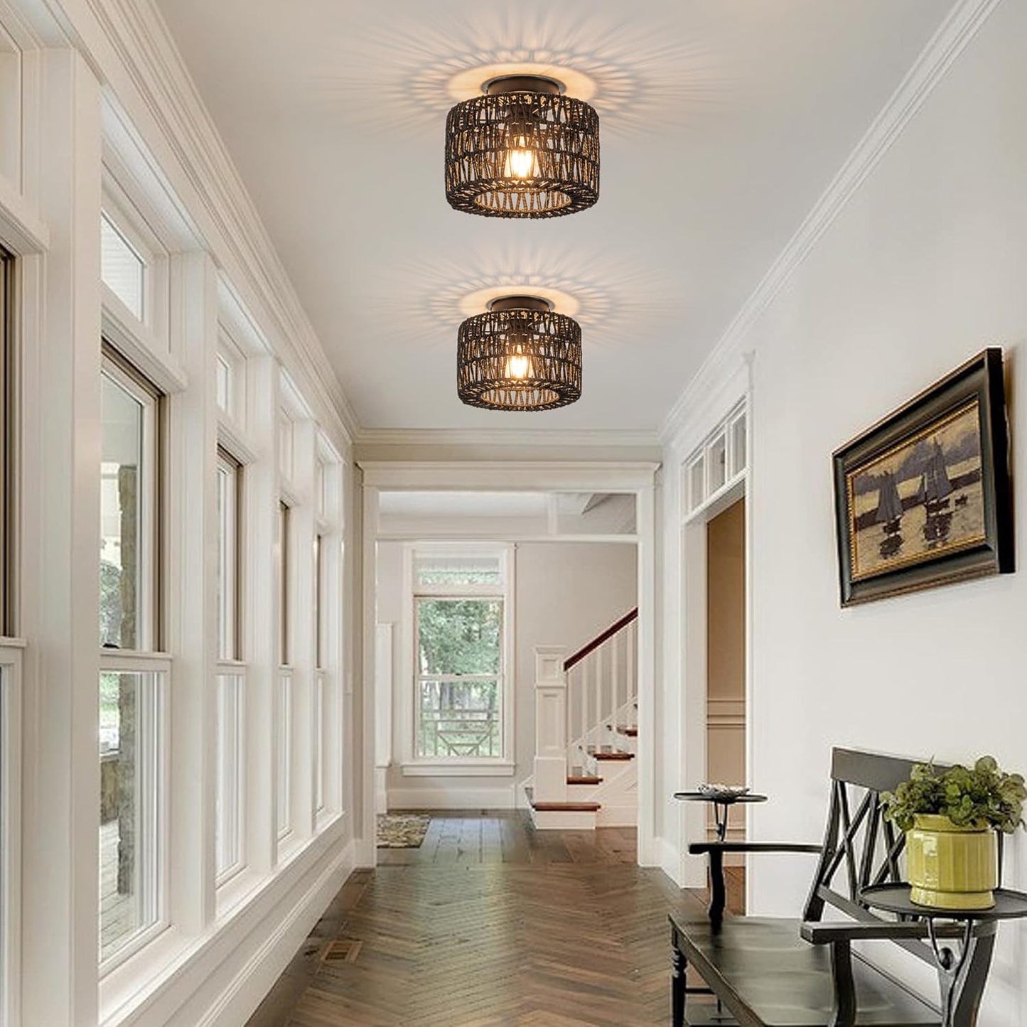 Bohemian Rattan Ceiling Light Fixture - 3-Light Woven Flush Mount for Bedroom & Living Room