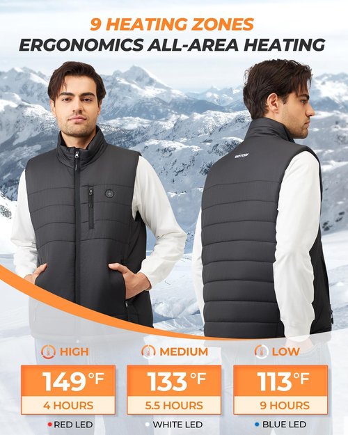 GOTOBI Heated Vest for Men with 16000mAh 7.4V Battery Pack, Ergonomic 9 Heating Zones, Smart Temp Control Men's Heated Vest